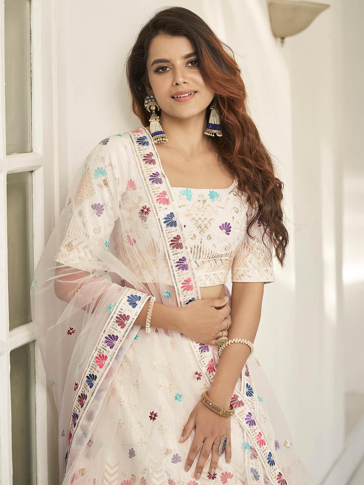 Stylish White Silk Lehenga Choli Set - Rajwada