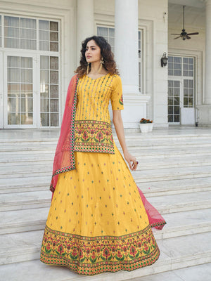 Stylish Yellow Chinon Chiffon Lehenga Choli Set - Rajwada