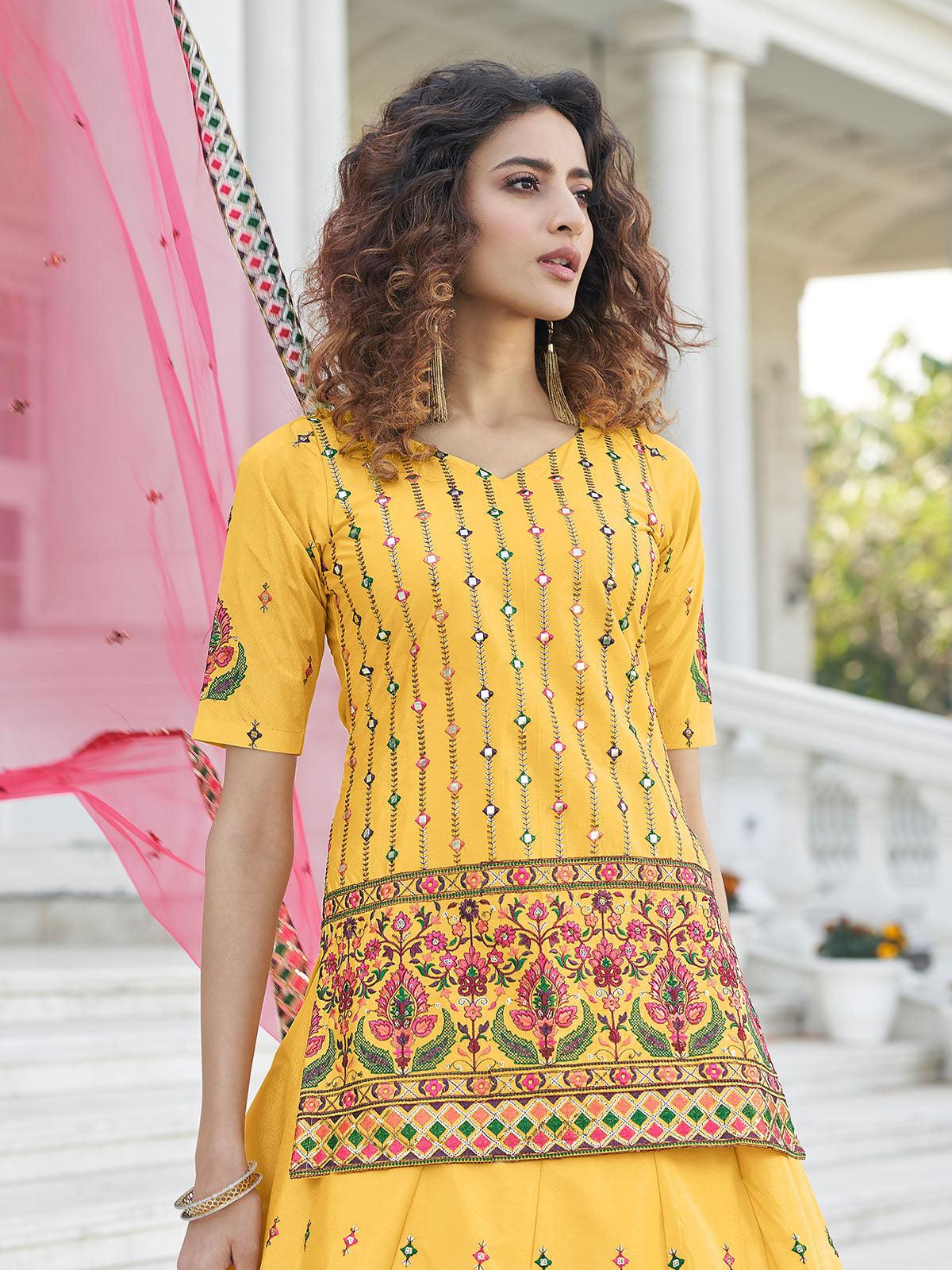 Stylish Yellow Chinon Chiffon Lehenga Choli Set - Rajwada