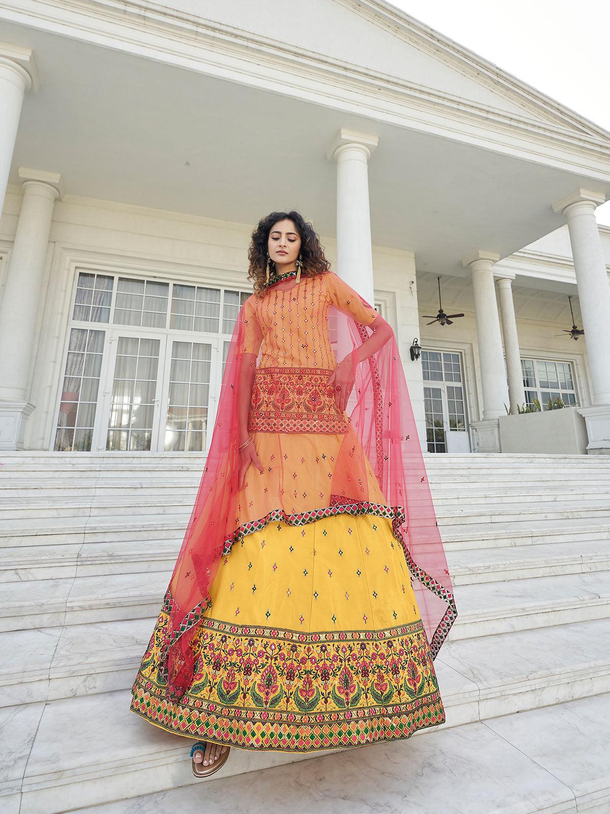 Stylish Yellow Chinon Chiffon Lehenga Choli Set - Rajwada