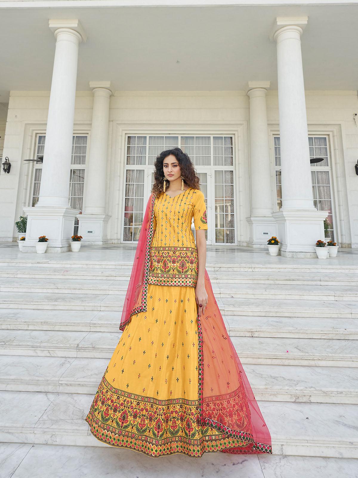 Stylish Yellow Chinon Chiffon Lehenga Choli Set - Rajwada