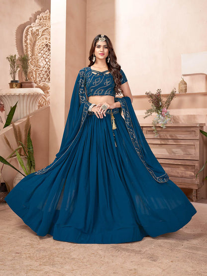 Teal Blue Faux Georgette Lehenga Set - Rajwada