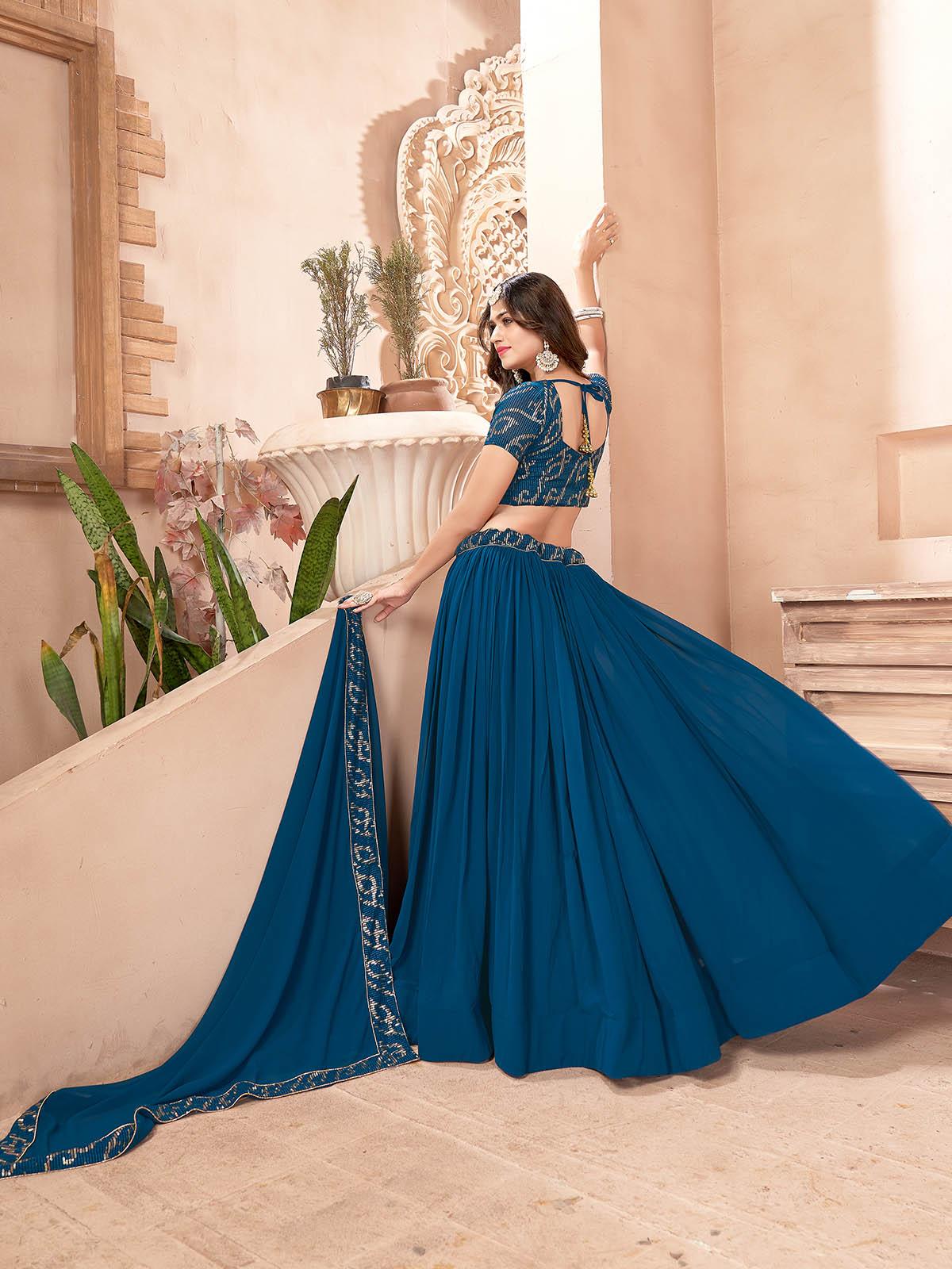 Teal Blue Faux Georgette Lehenga Set - Rajwada