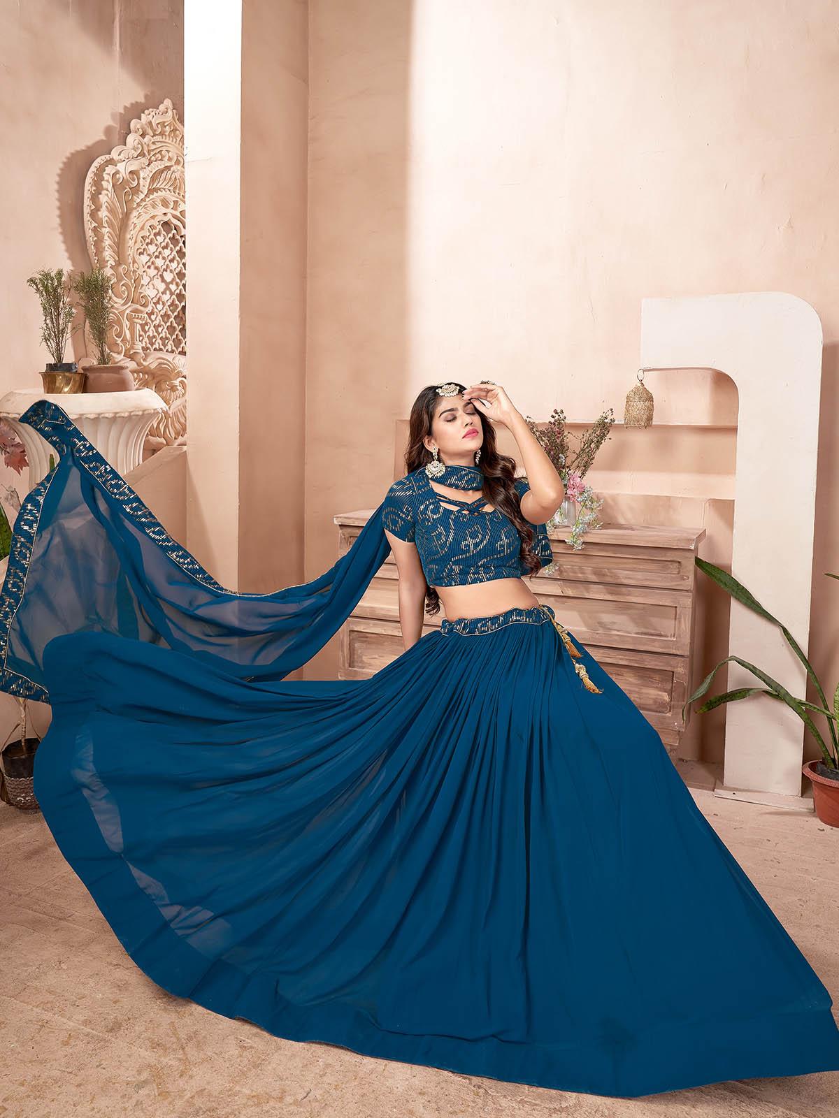 Teal Blue Faux Georgette Lehenga Set - Rajwada