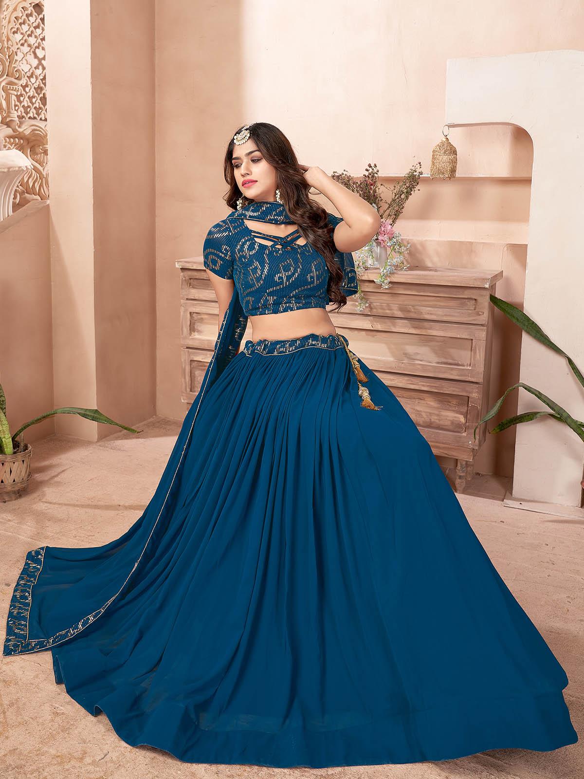 Teal Blue Faux Georgette Lehenga Set - Rajwada