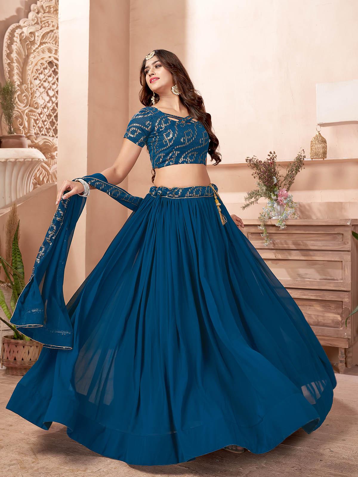Teal Blue Faux Georgette Lehenga Set - Rajwada