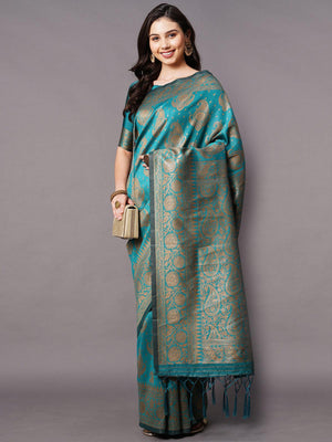 Teal Blue Festive Silk Blend Woven Design Saree With Unstitched Blouse - Rajwada