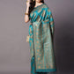 Teal Blue Festive Silk Blend Woven Design Saree With Unstitched Blouse - Rajwada