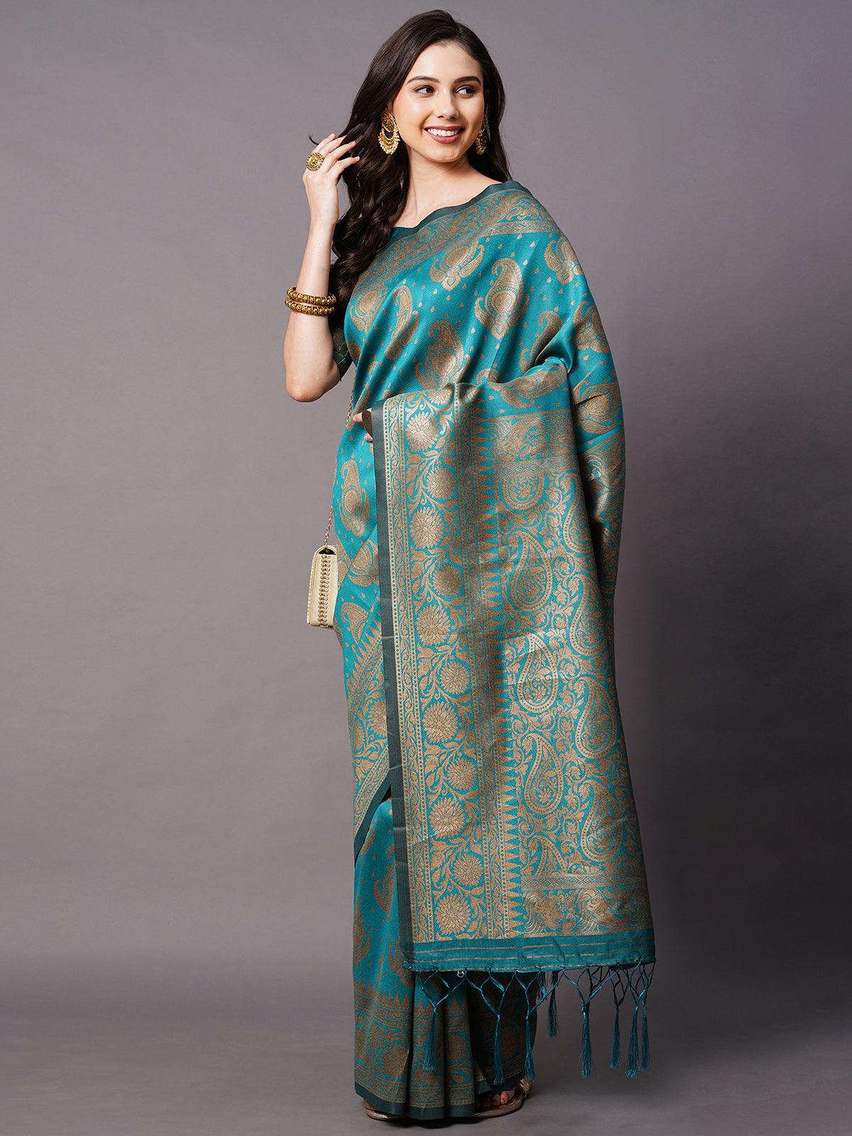 Teal Blue Festive Silk Blend Woven Design Saree With Unstitched Blouse - Rajwada