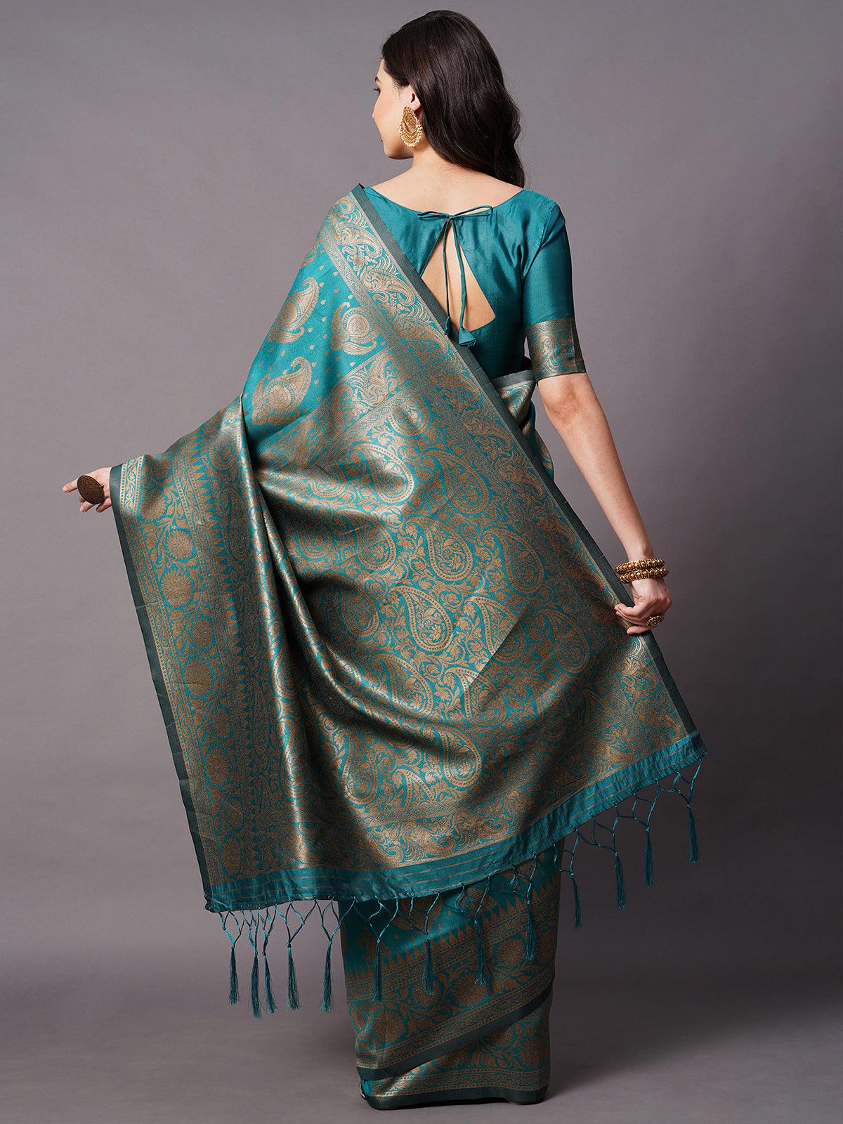 Teal Blue Festive Silk Blend Woven Design Saree With Unstitched Blouse - Rajwada