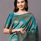 Teal Blue Festive Silk Blend Woven Design Saree With Unstitched Blouse - Rajwada