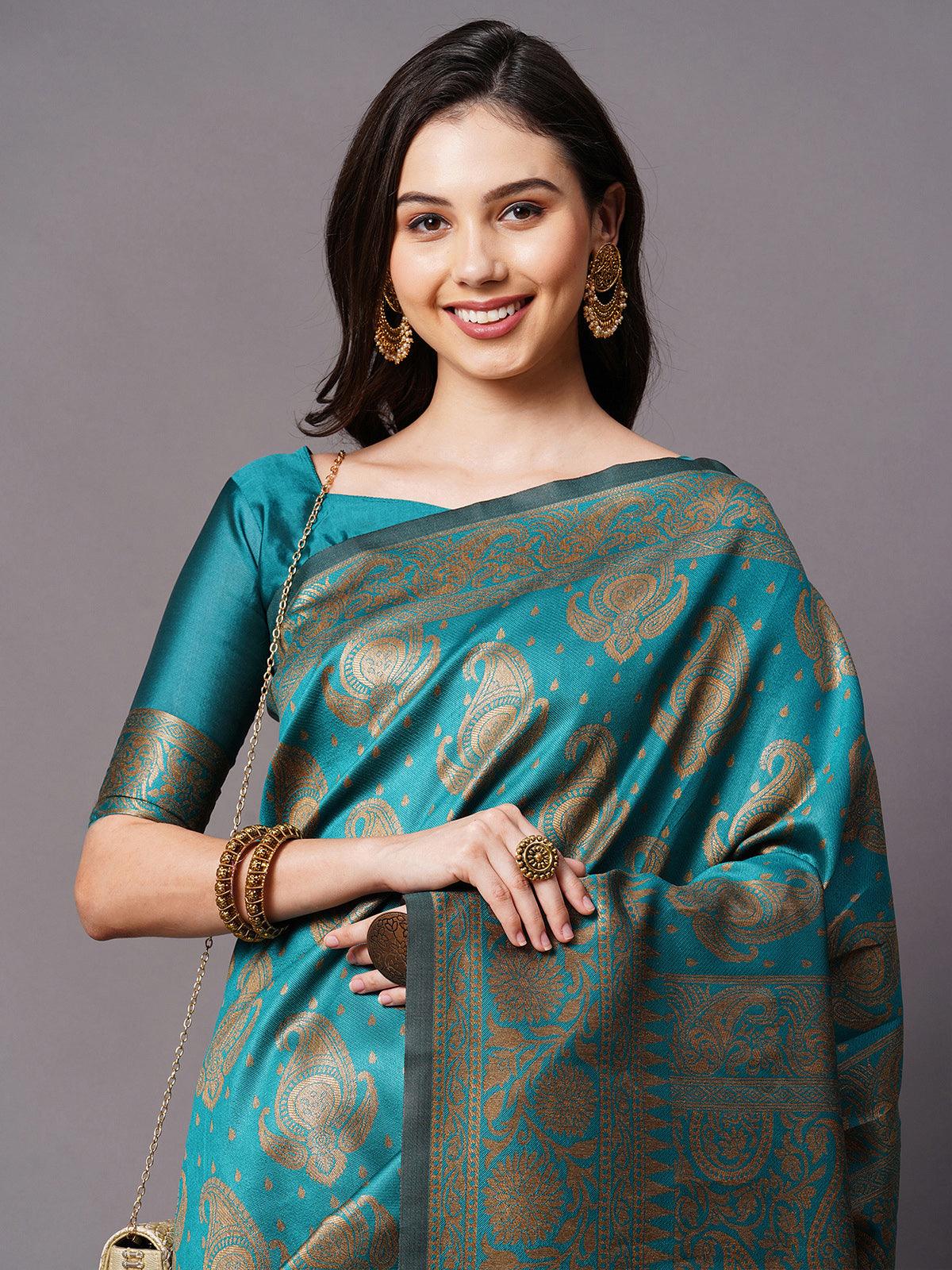 Teal Blue Festive Silk Blend Woven Design Saree With Unstitched Blouse - Rajwada
