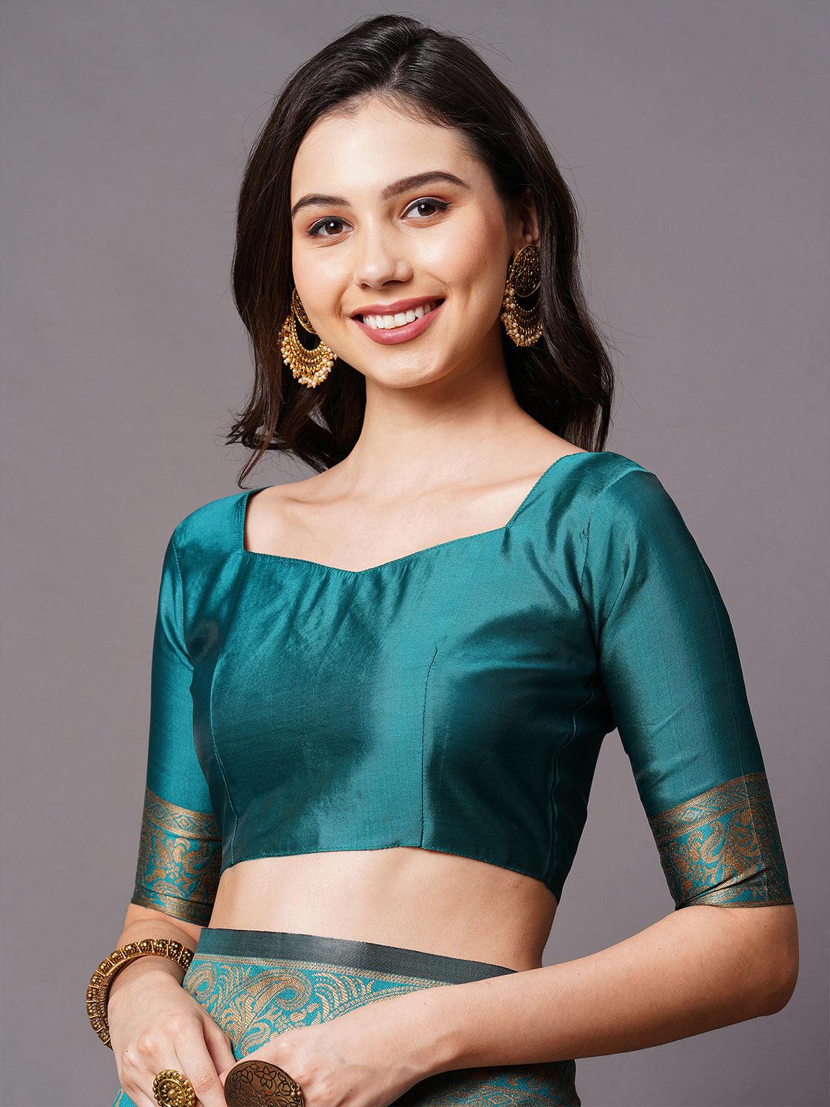 Teal Blue Festive Silk Blend Woven Design Saree With Unstitched Blouse - Rajwada