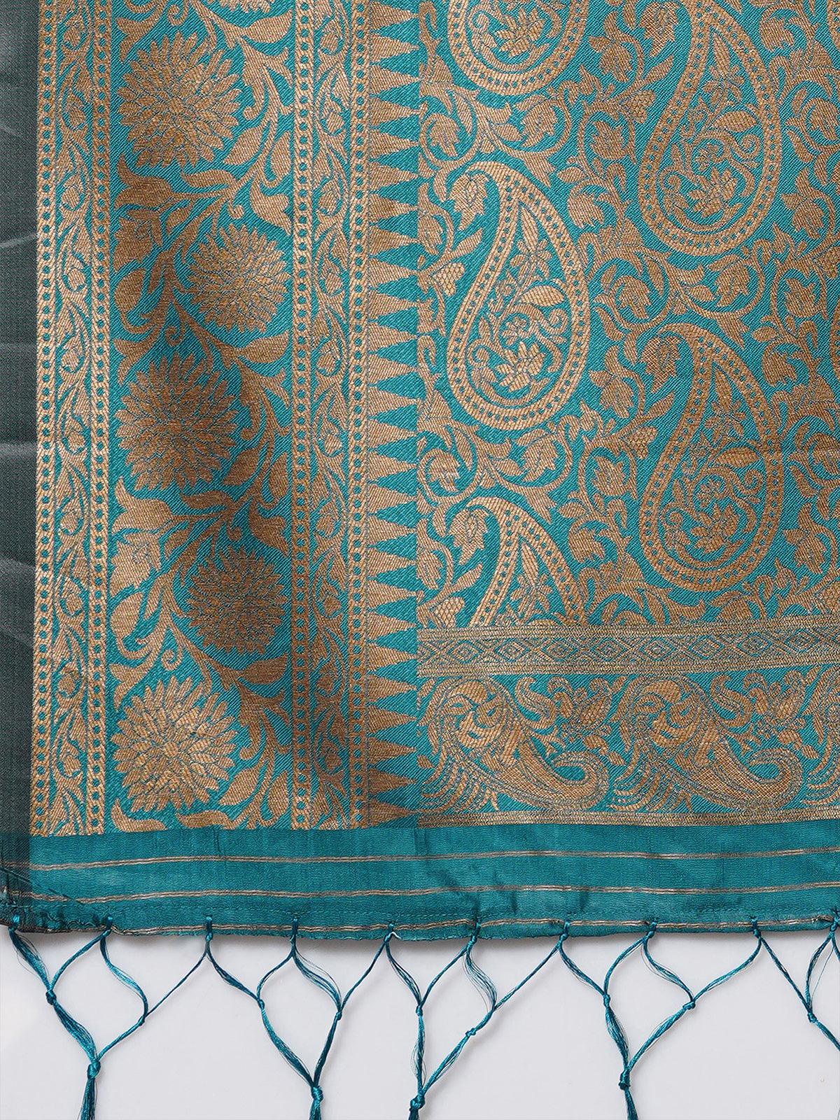 Teal Blue Festive Silk Blend Woven Design Saree With Unstitched Blouse - Rajwada