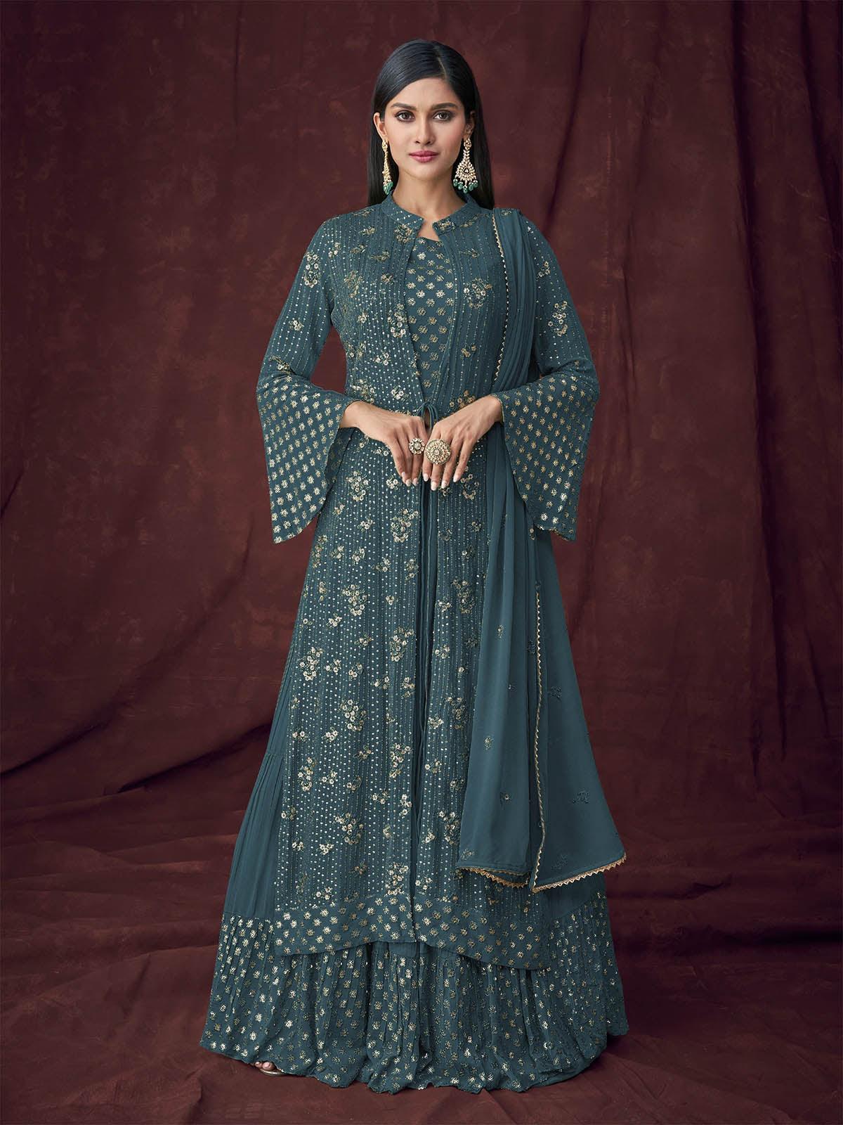 Teal Kurta Set With Overlay - Rajwada