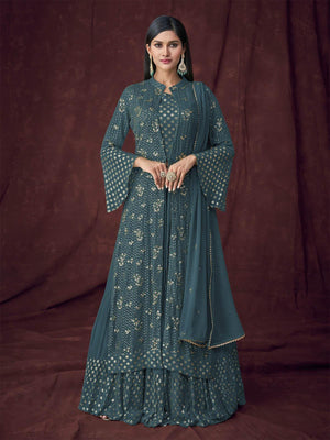 Teal Kurta Set With Overlay - Rajwada