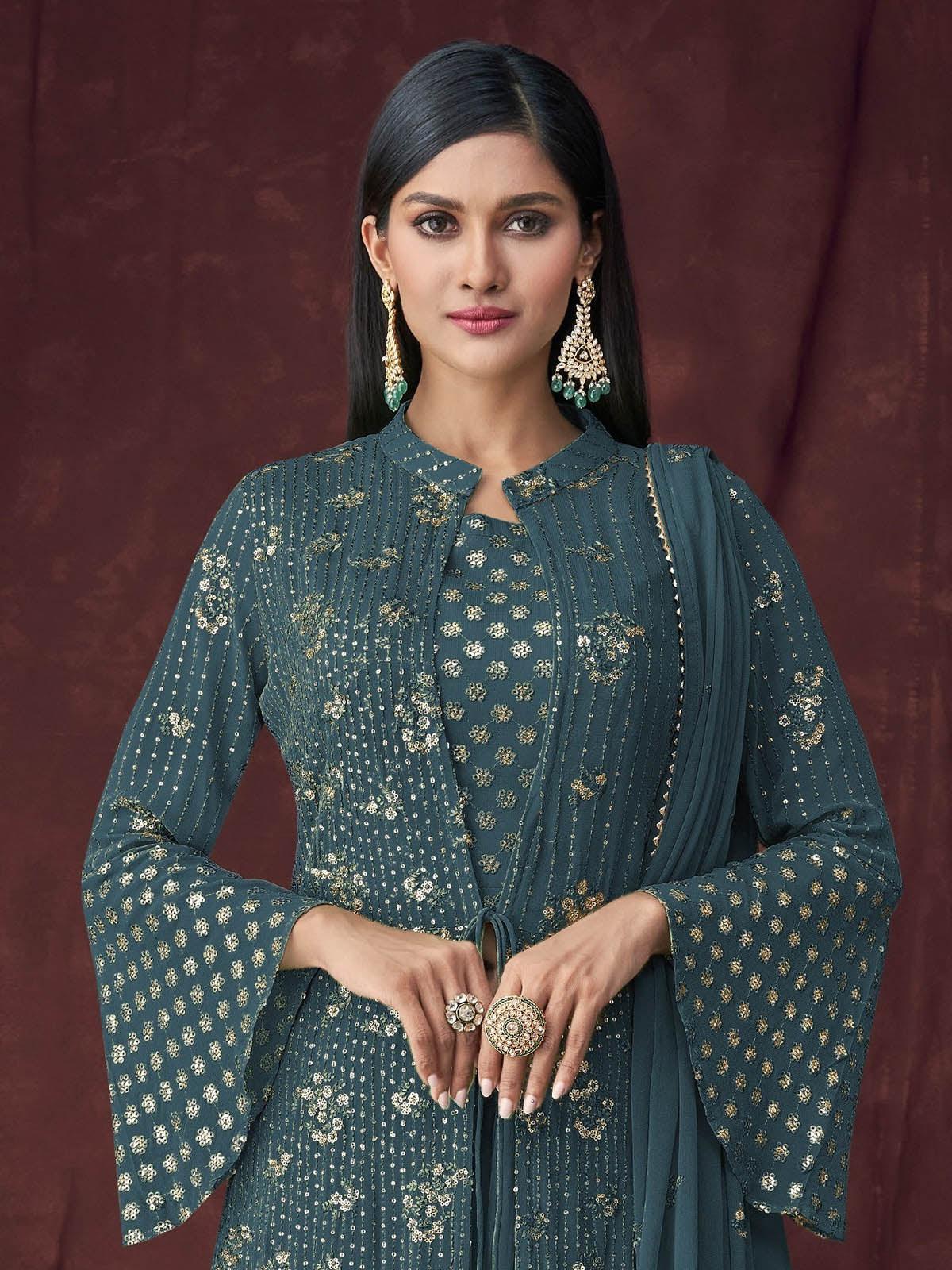 Teal Kurta Set With Overlay - Rajwada