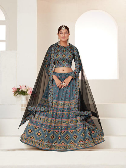 TEAL PRINTED LEHENGA CHOLI SET - Rajwada