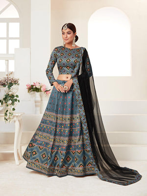 TEAL PRINTED LEHENGA CHOLI SET - Rajwada