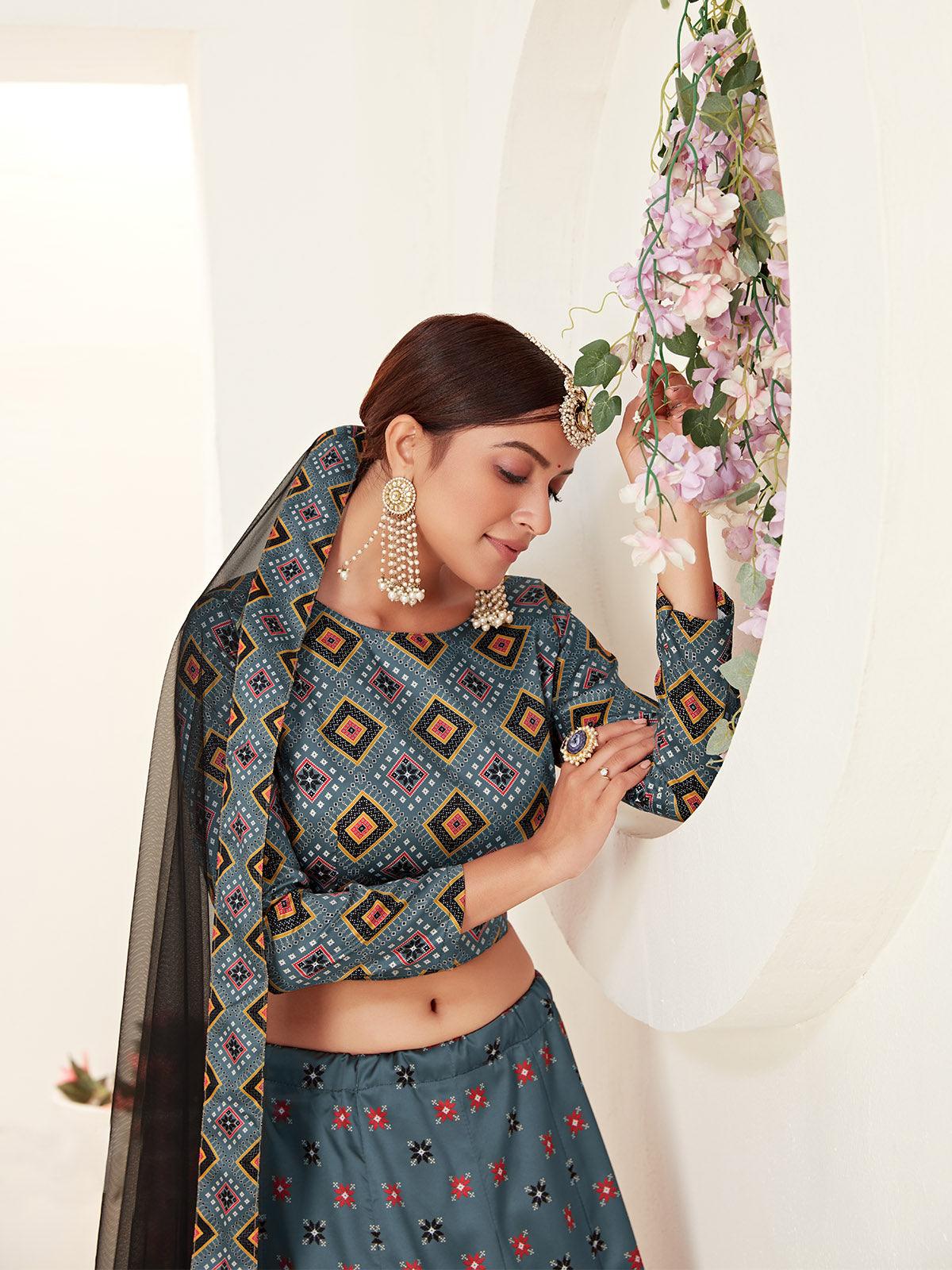 TEAL PRINTED LEHENGA CHOLI SET - Rajwada