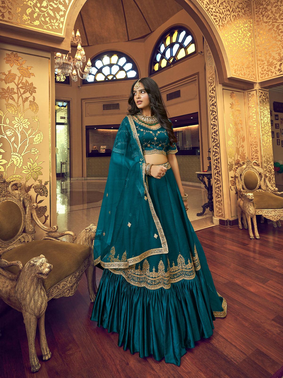 Teal Silk and Satin Lehenga Choli - Rajwada