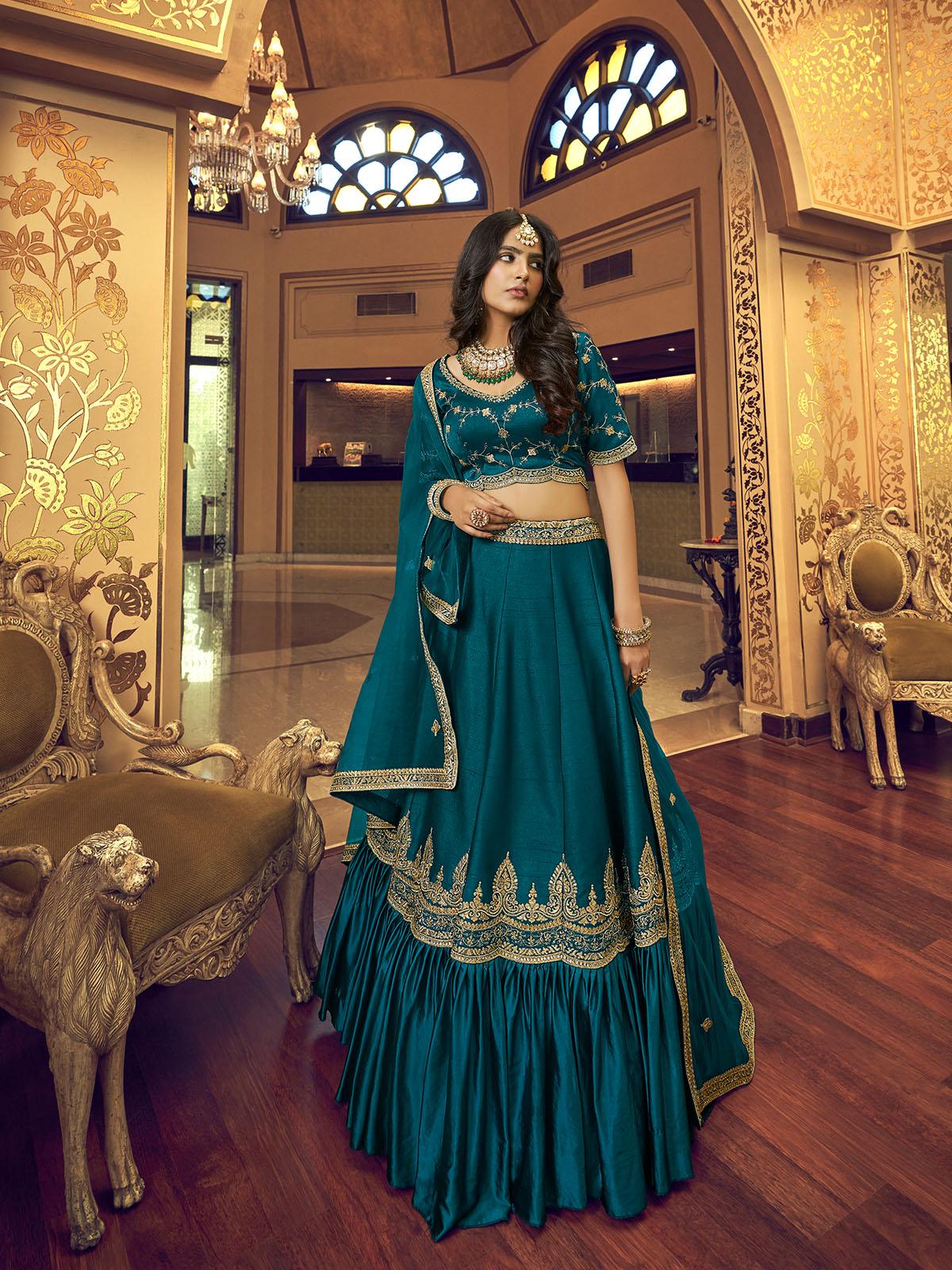 Teal Silk and Satin Lehenga Choli - Rajwada