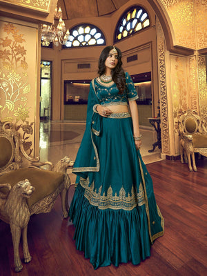 Teal Silk and Satin Lehenga Choli - Rajwada