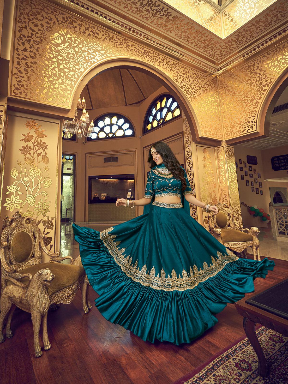 Teal Silk and Satin Lehenga Choli - Rajwada