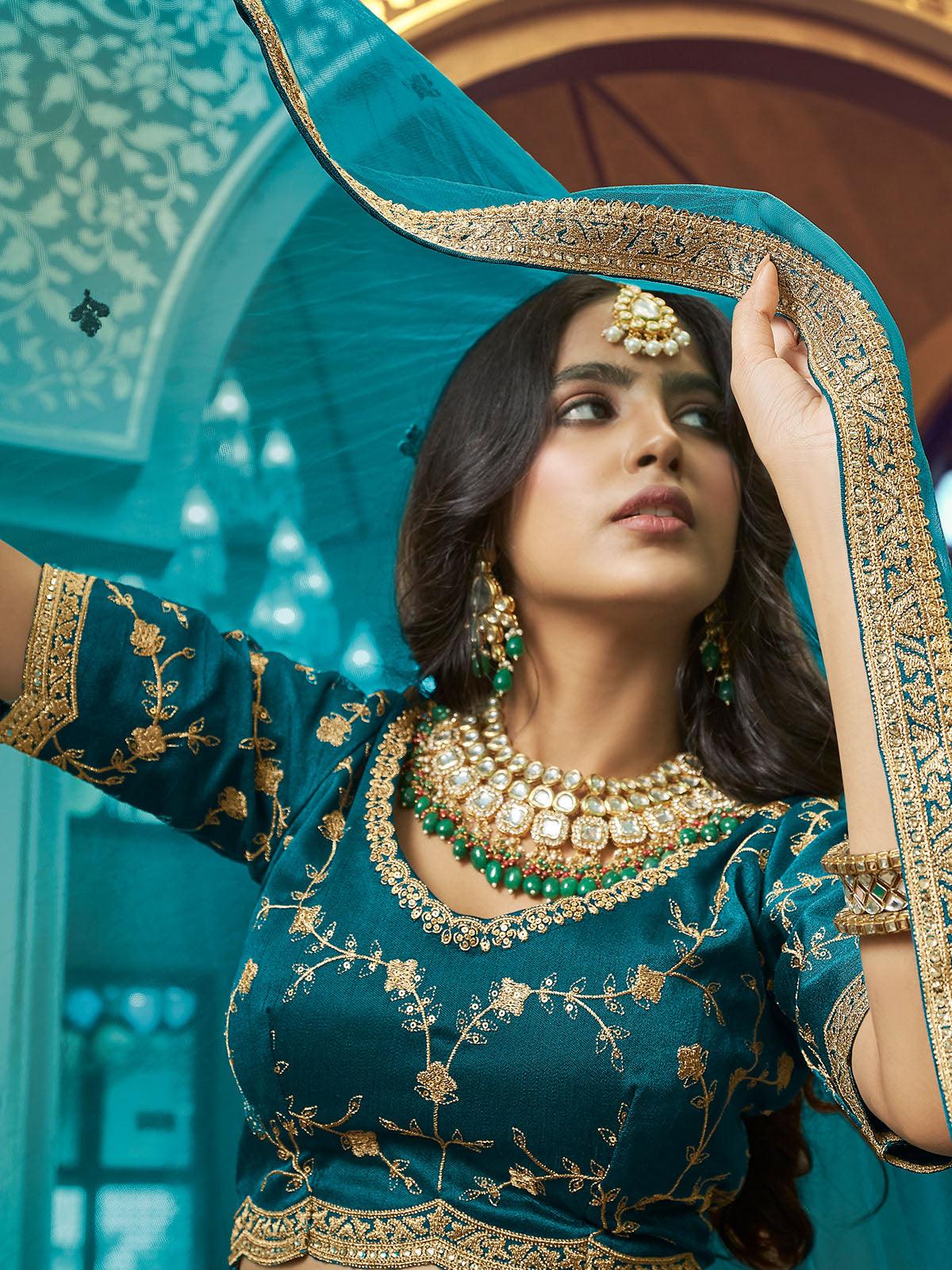 Teal Silk and Satin Lehenga Choli - Rajwada