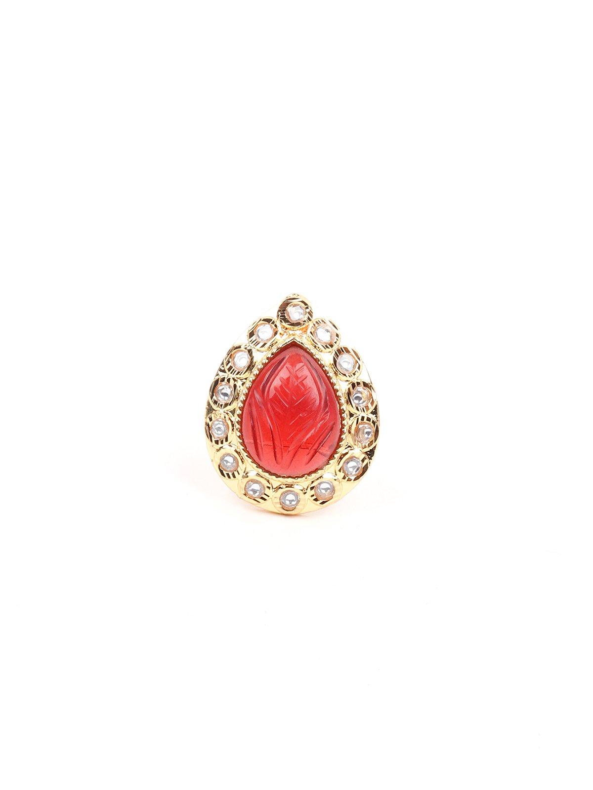 Teardrop Red Stone Embellished Gold-Tone Ring - Rajwada