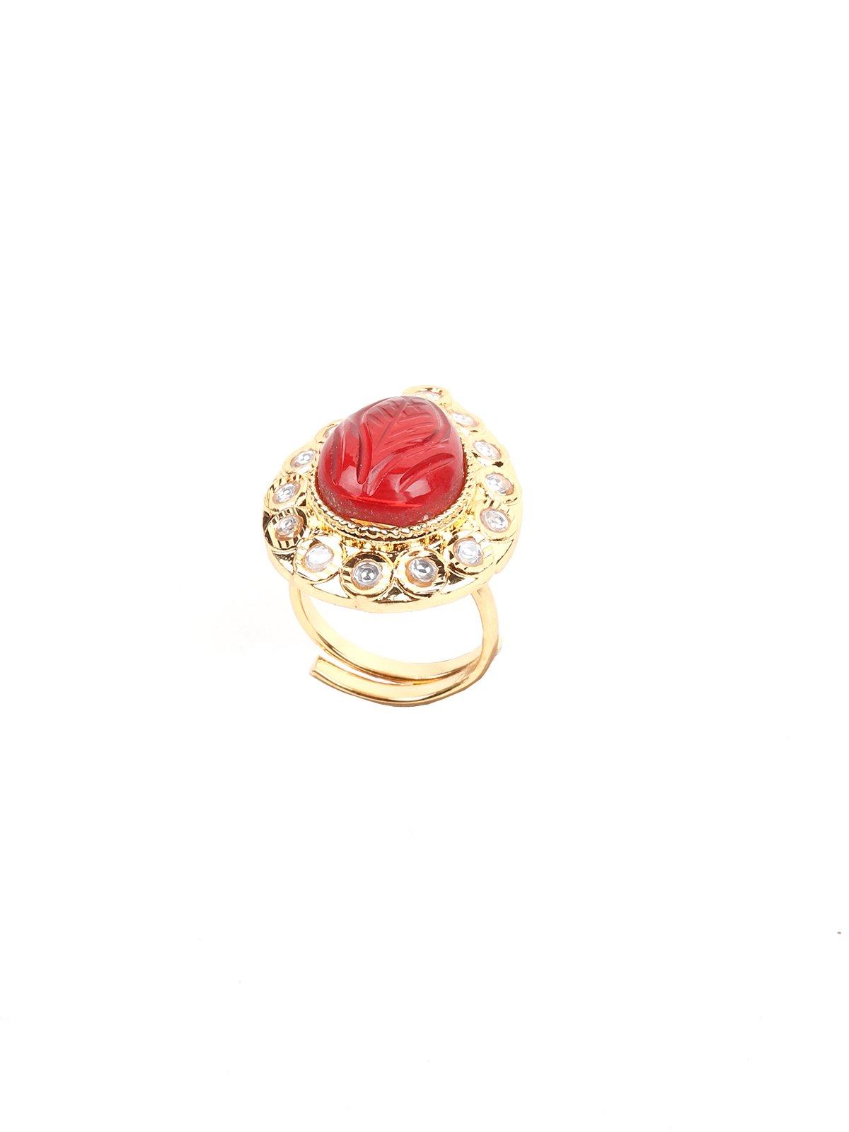 Teardrop Red Stone Embellished Gold-Tone Ring - Rajwada