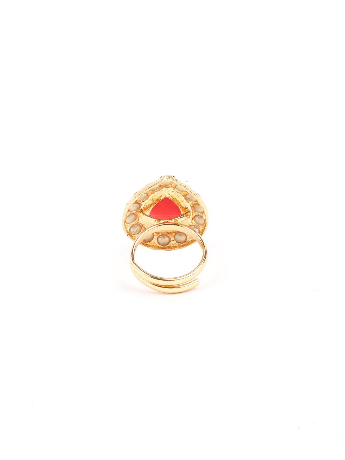 Teardrop Red Stone Embellished Gold-Tone Ring - Rajwada