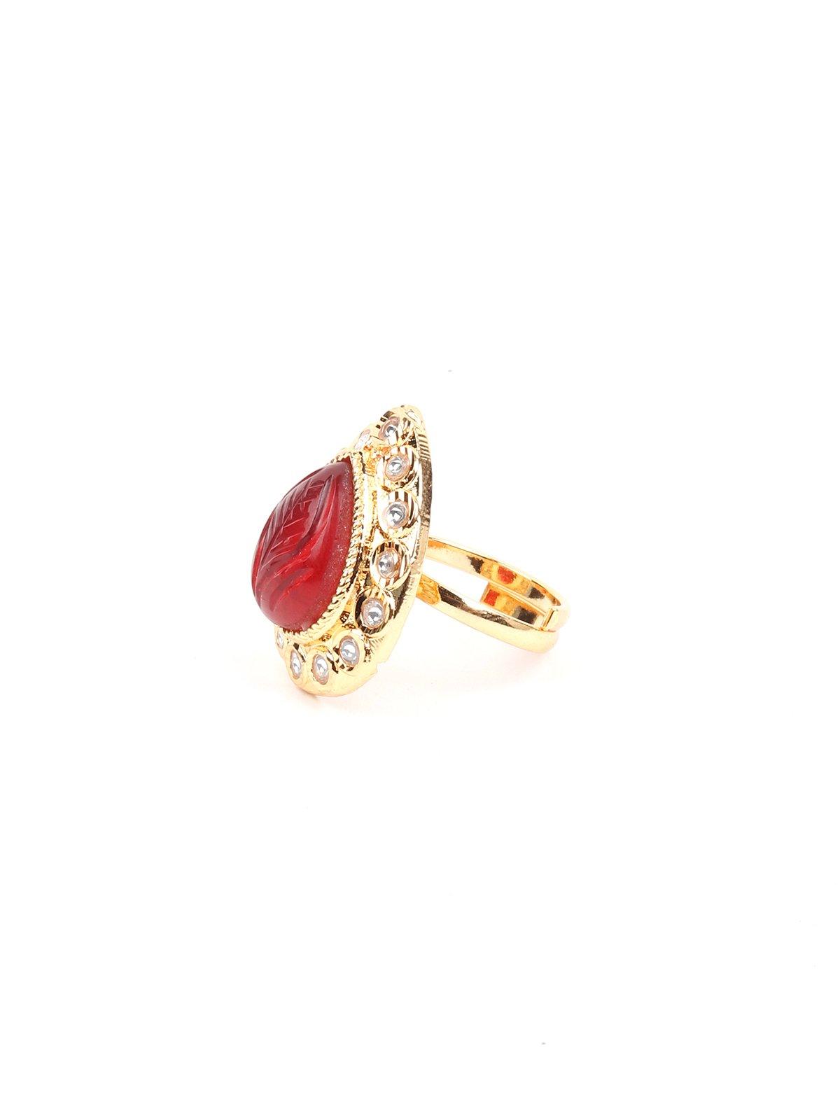 Teardrop Red Stone Embellished Gold-Tone Ring - Rajwada