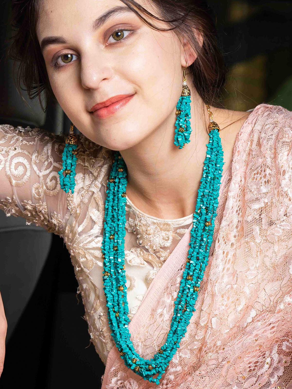 Tibeti Uncut Beautiful Peacock Green Multi-strand Necklace Set - Rajwada