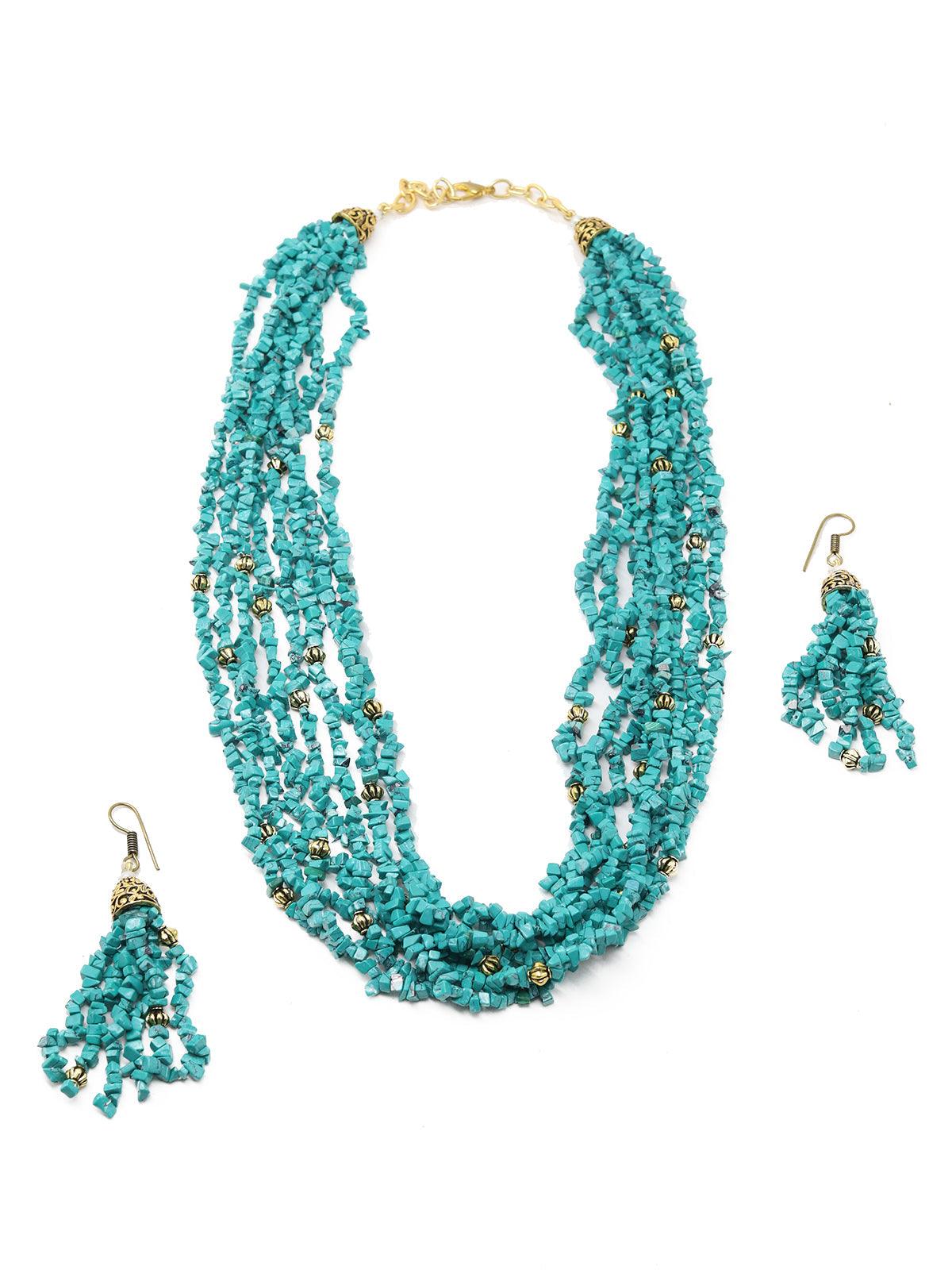 Tibeti Uncut Beautiful Peacock Green Multi-strand Necklace Set - Rajwada