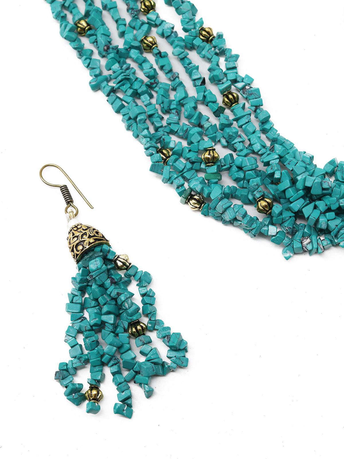 Tibeti Uncut Beautiful Peacock Green Multi-strand Necklace Set - Rajwada