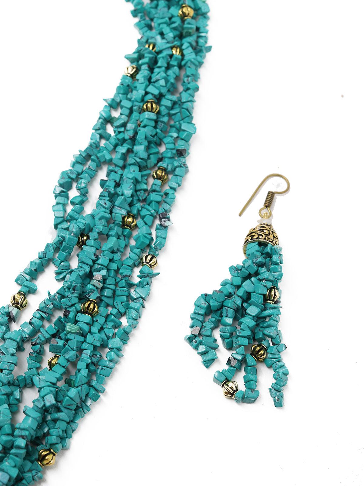 Tibeti Uncut Beautiful Peacock Green Multi-strand Necklace Set - Rajwada