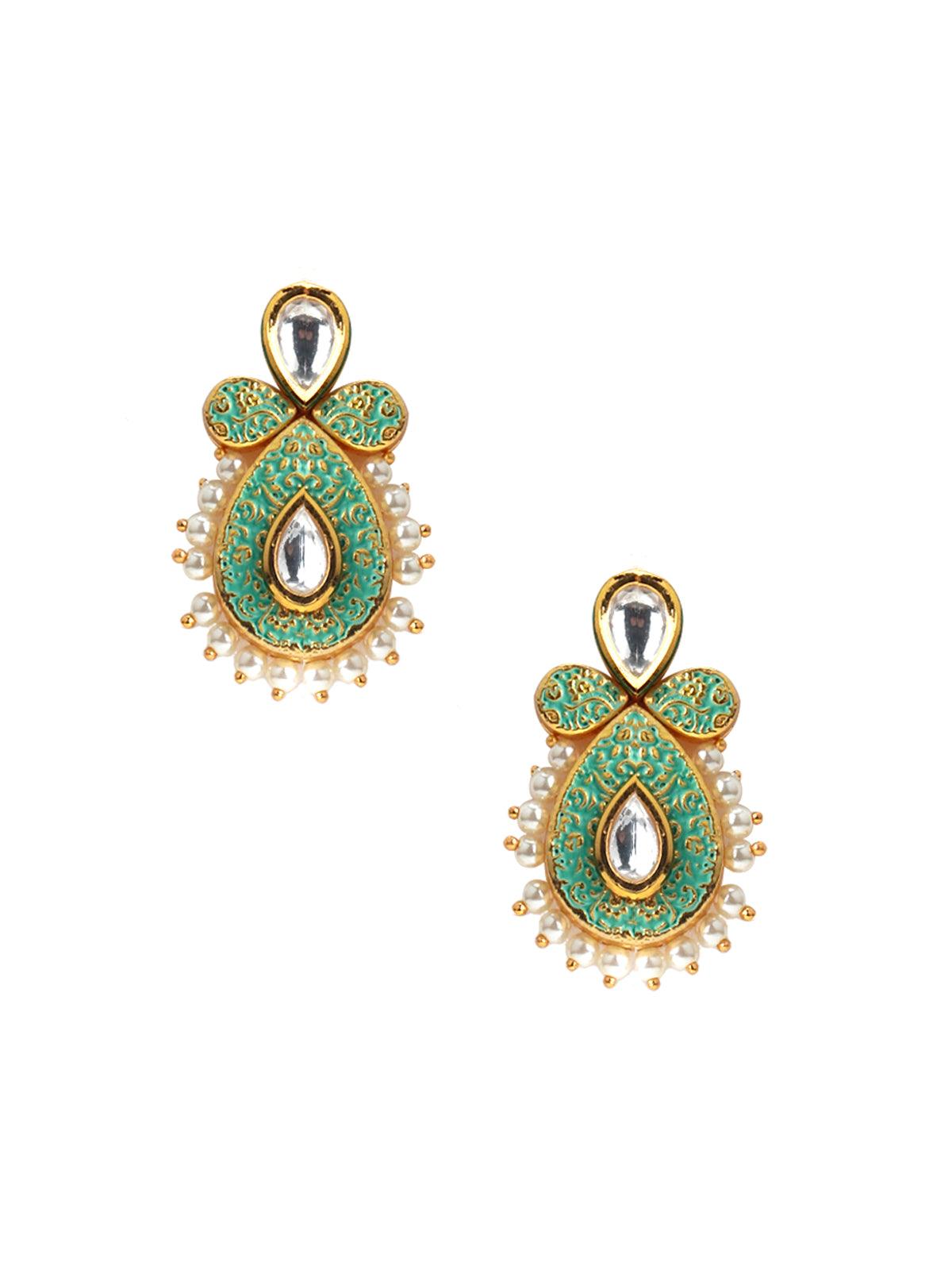 Tinted Soothing Green Kundan-Pearl Ethnic Earrings - Rajwada