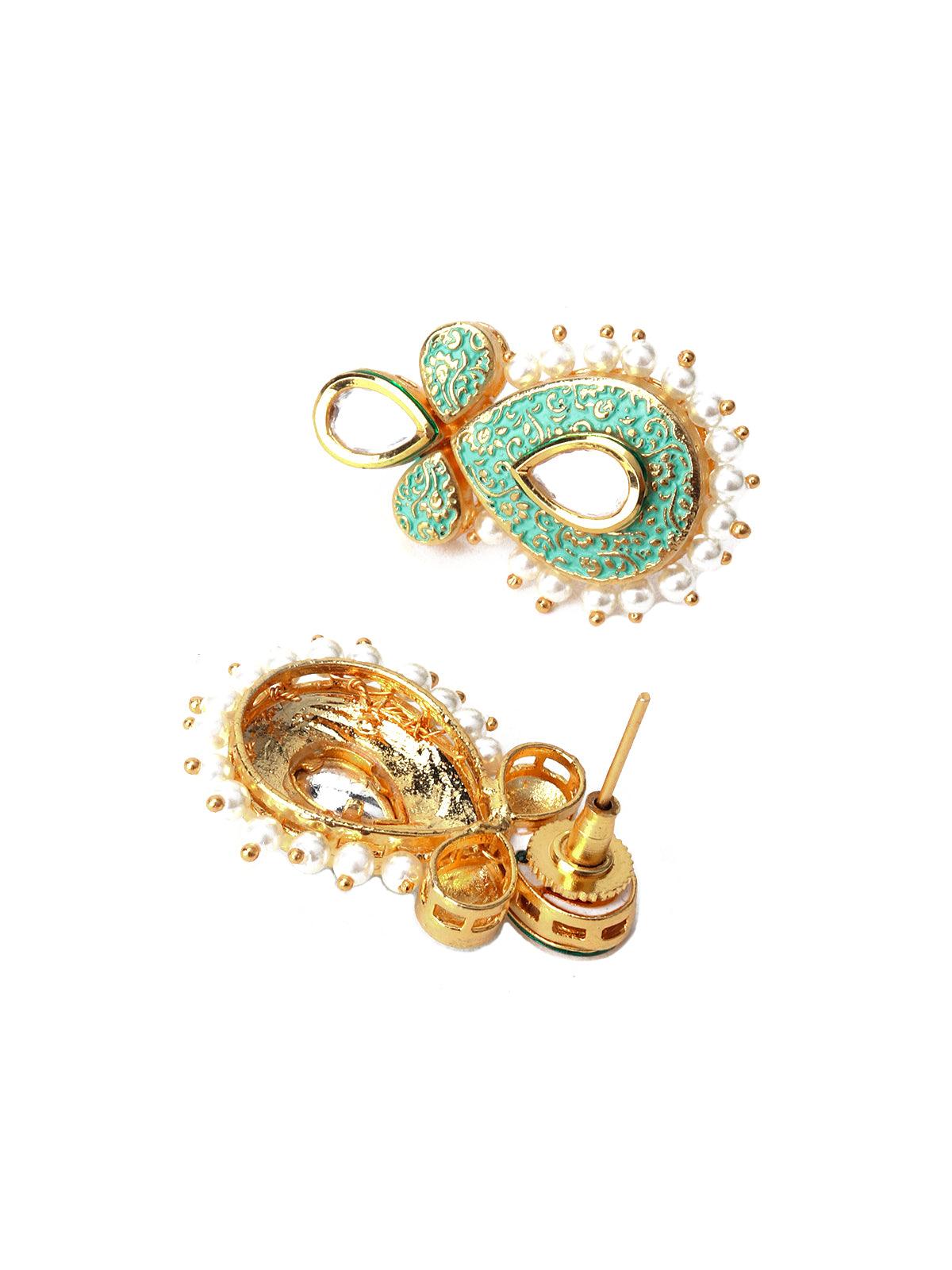 Tinted Soothing Green Kundan-Pearl Ethnic Earrings - Rajwada