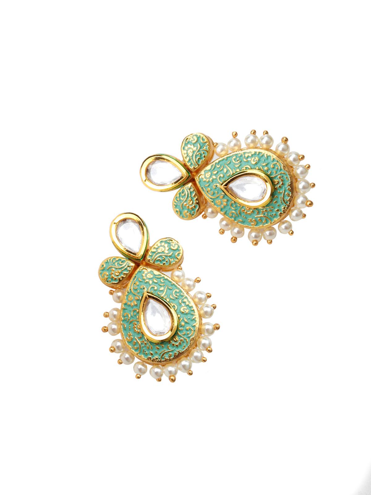 Tinted Soothing Green Kundan-Pearl Ethnic Earrings - Rajwada
