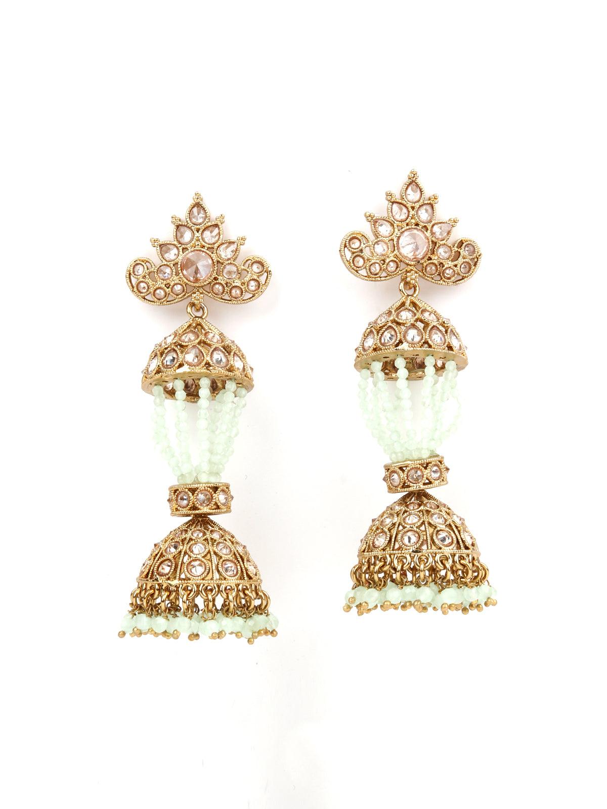 Traditional 2 layered Golden and Green Beaded Earring - Rajwada