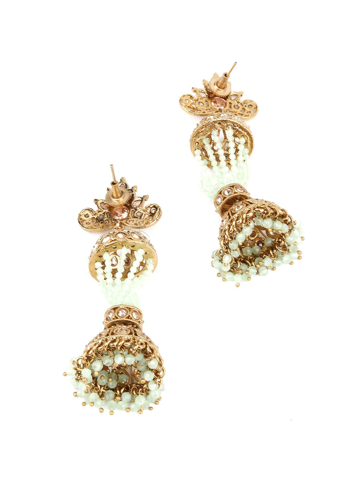 Traditional 2 layered Golden and Green Beaded Earring - Rajwada