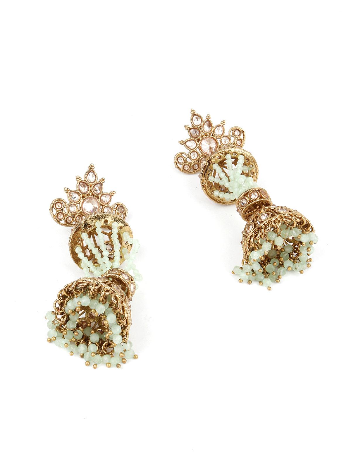 Traditional 2 layered Golden and Green Beaded Earring - Rajwada