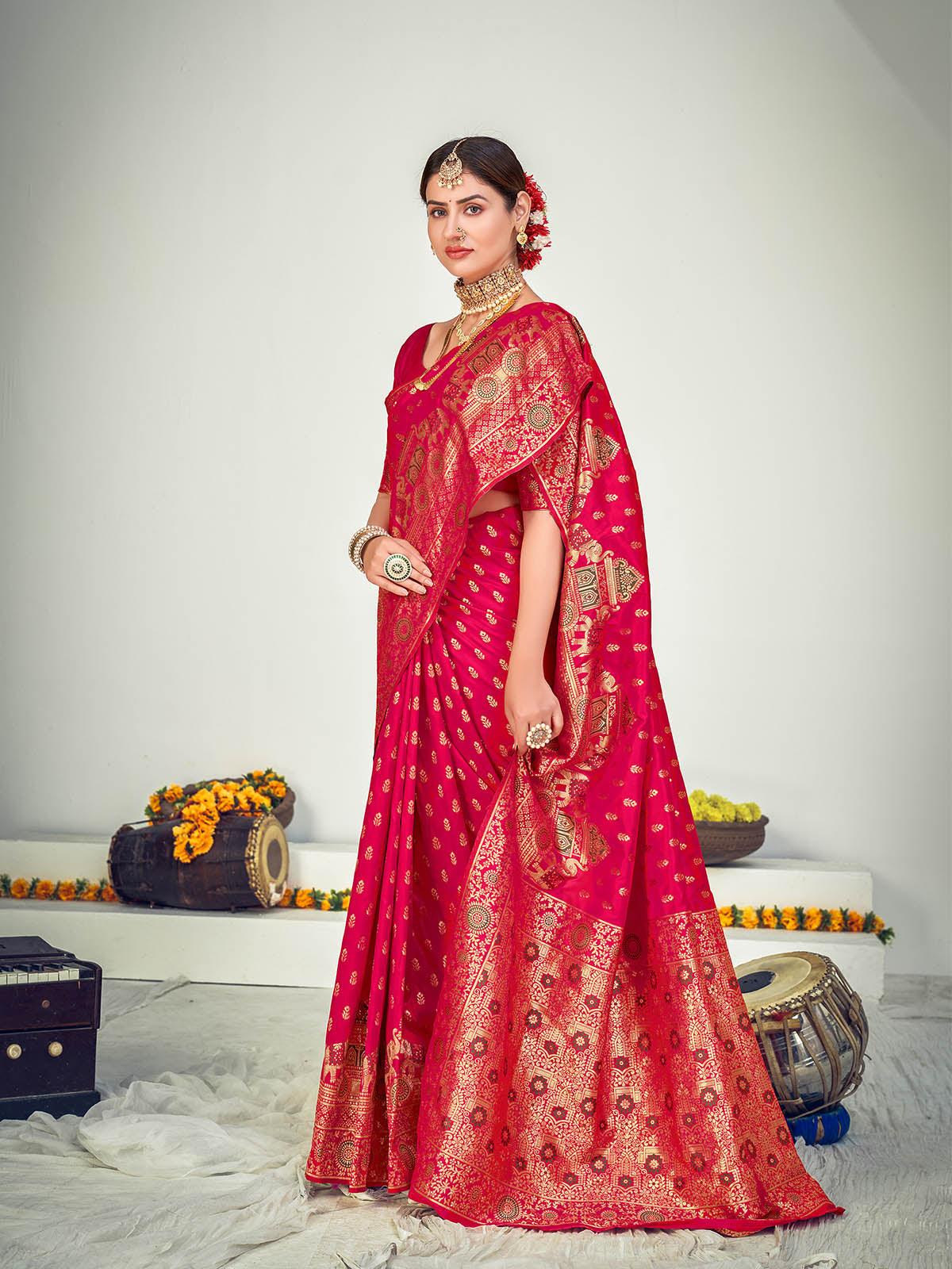 Traditional Dark Pink Banarasi Silk Saree - Rajwada