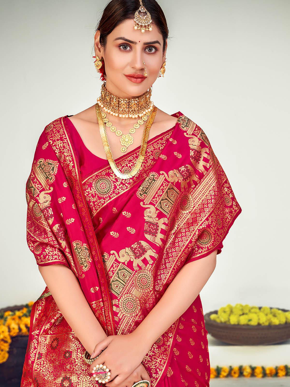 Traditional Dark Pink Banarasi Silk Saree - Rajwada