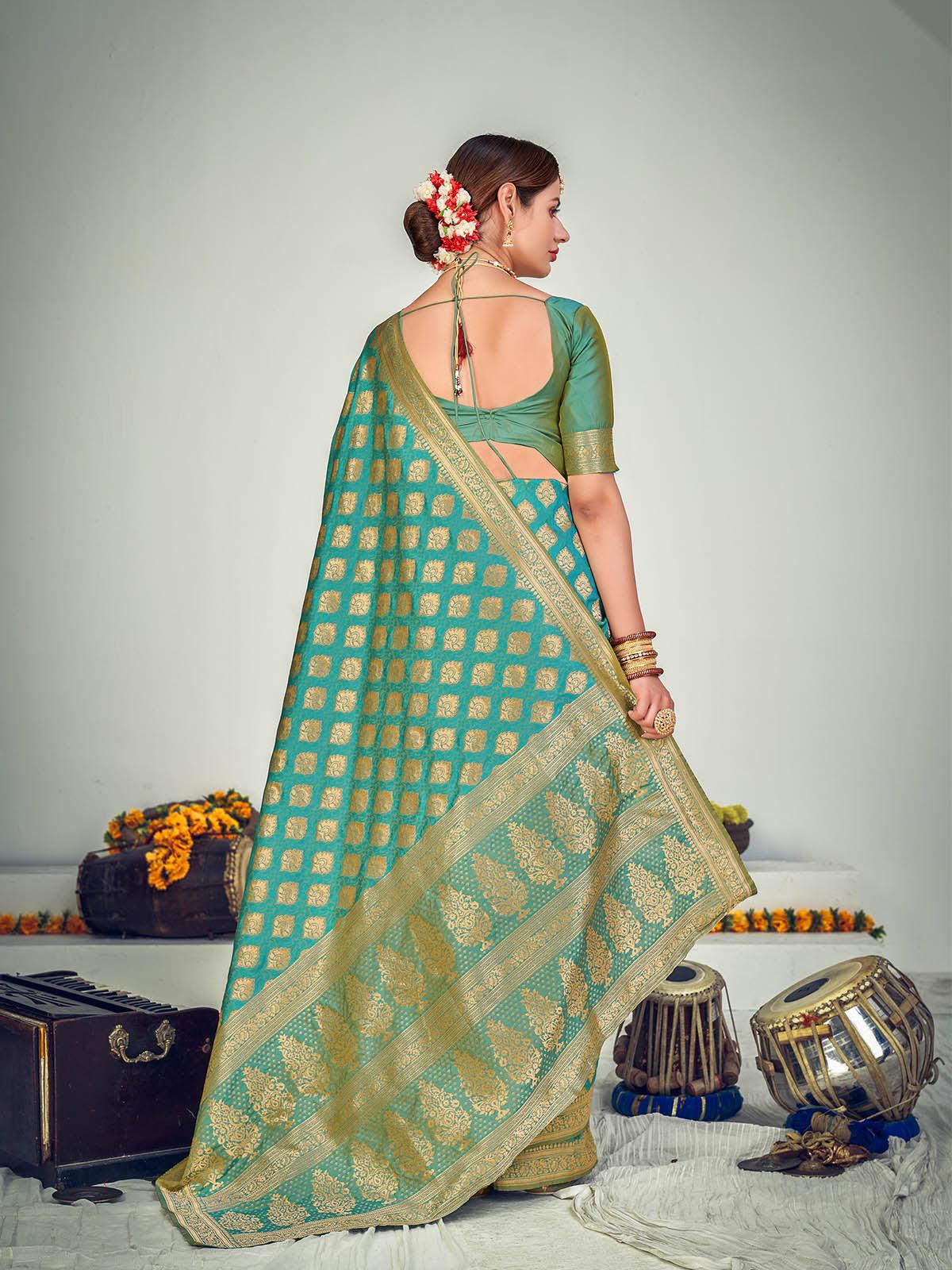 Traditional Firozi Banarasi Silk Saree - Rajwada
