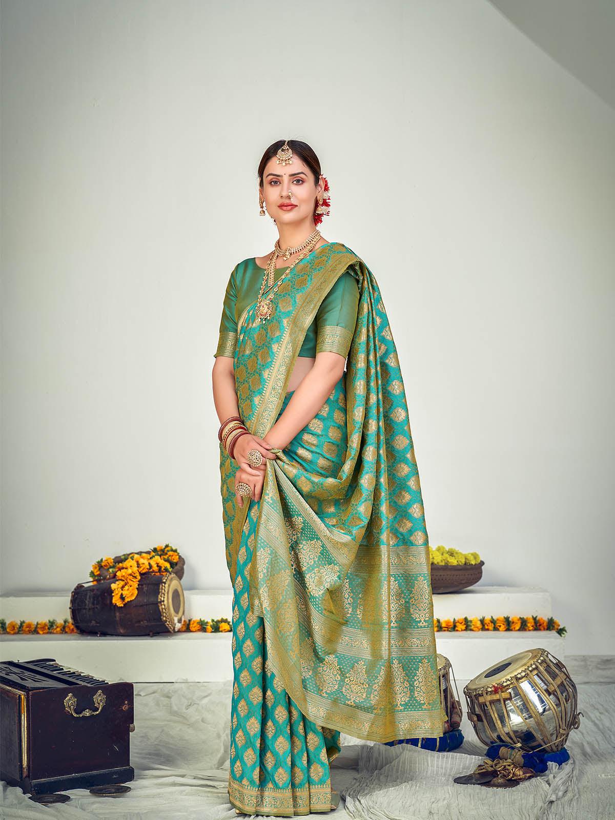 Traditional Firozi Banarasi Silk Saree - Rajwada