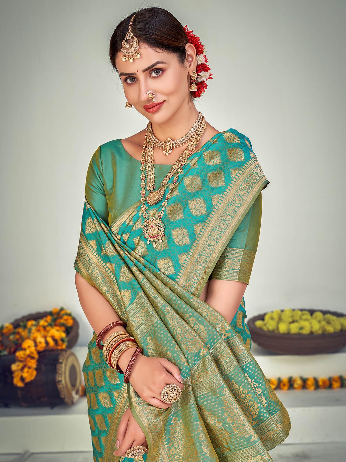 Traditional Firozi Banarasi Silk Saree - Rajwada