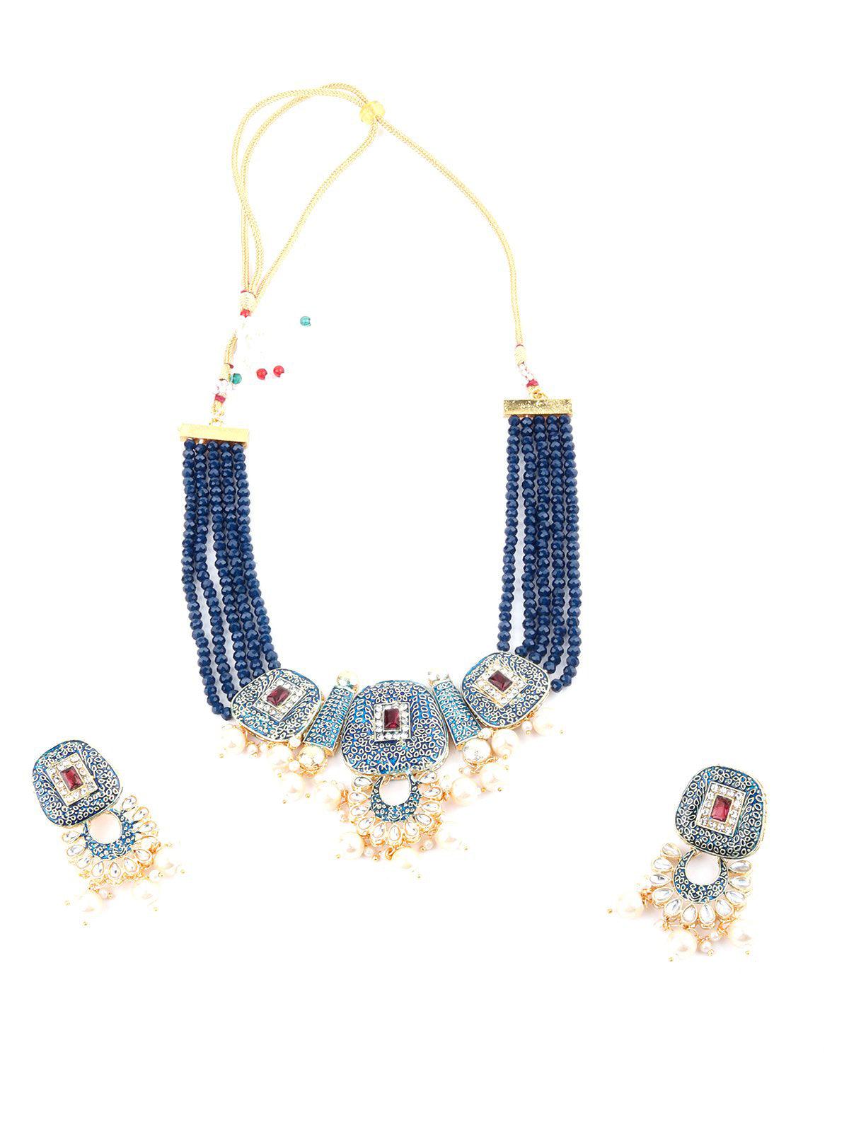 Traditional Multi-strand Blue Pearl Necklace Set - Rajwada