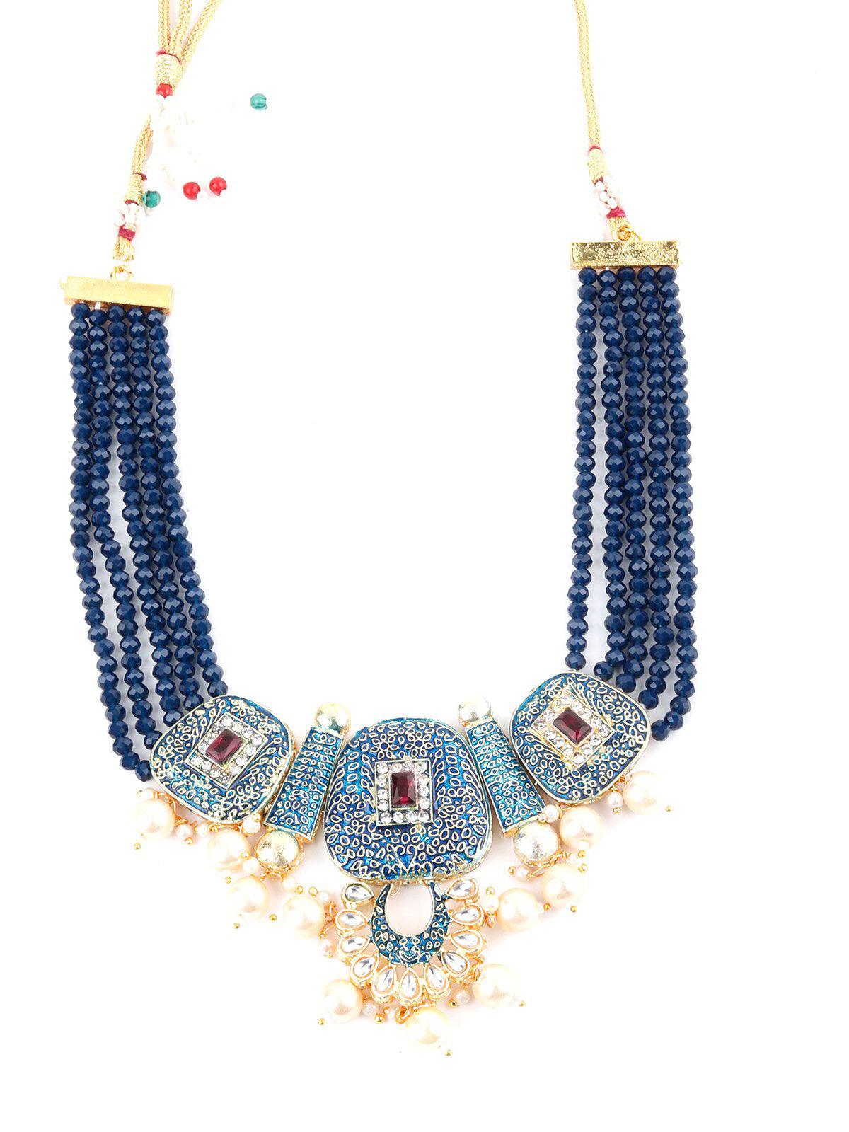 Traditional Multi-strand Blue Pearl Necklace Set - Rajwada